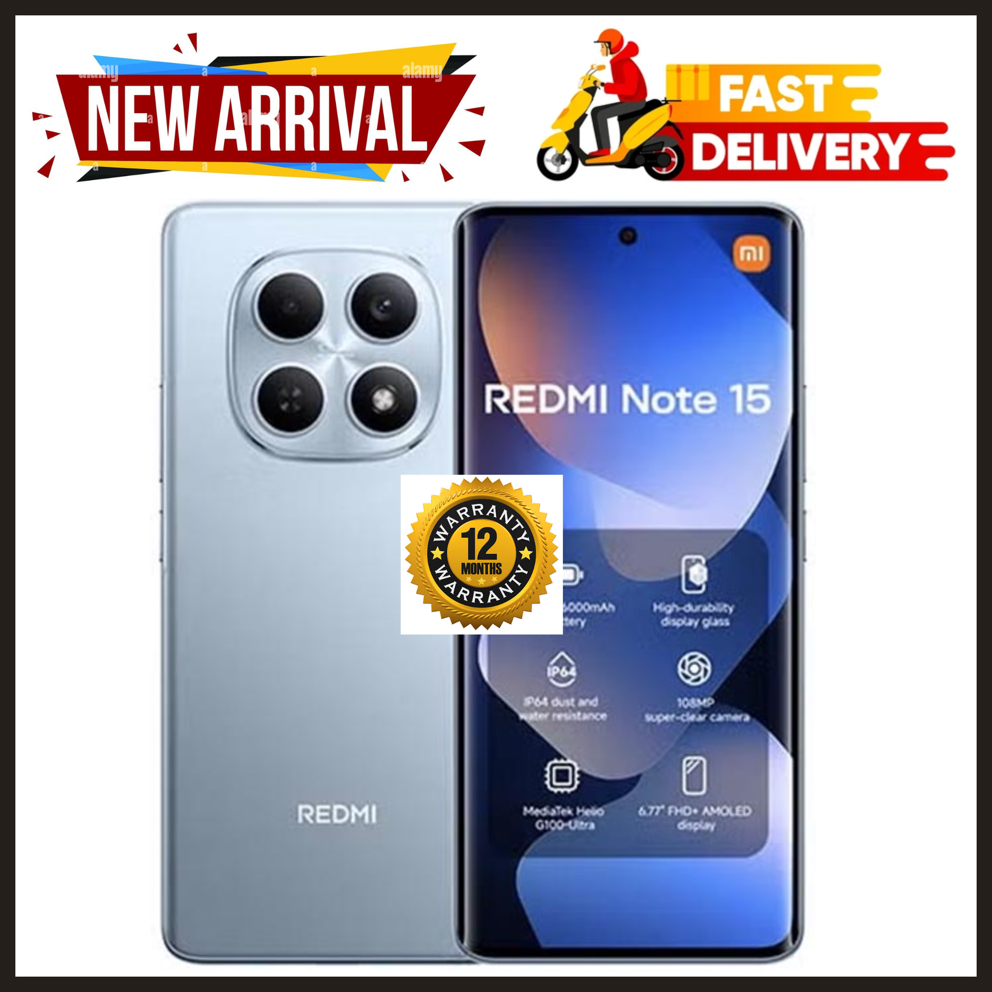 BRAND NEW XIAOMI Redmi Note 15 256GB ROM + 8GB RAM 6.77" 120Hz AMOLED Curved Display 108 MP Rear Camera 20MP Selfie 6000mAh Battery 33W FAST CHARGING On-Screen Fingerprint