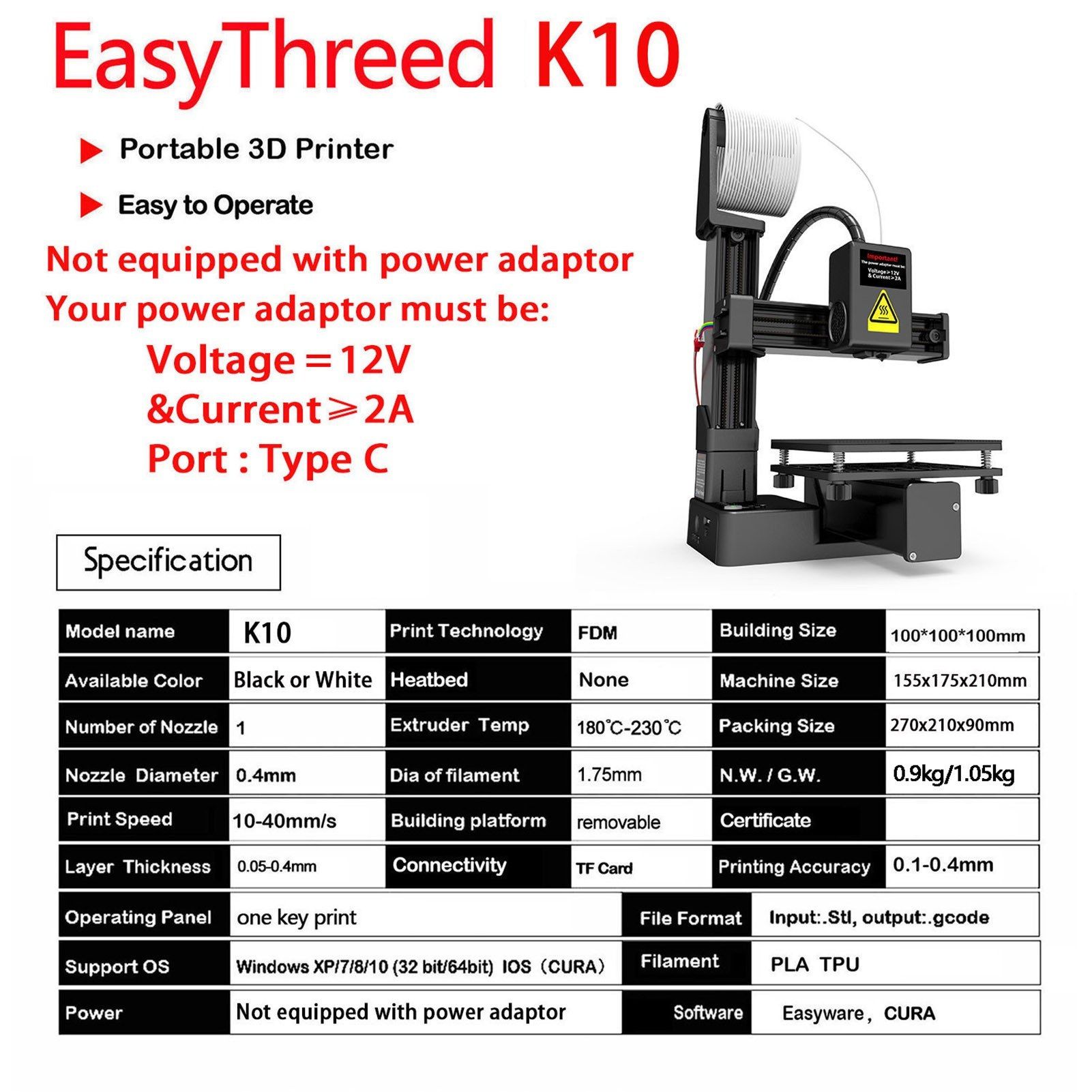EasyThreed 3D Printer Entry Level Compatible with PLA TPU 1.75mm Filament include Power Adaptor.