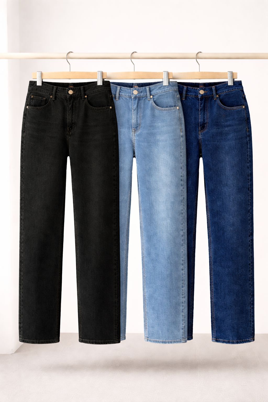 3 Pcs High Quality Women Mom Jeans – Stretch Denim Pants Set (Black, Denim Blue & Deep Blue)