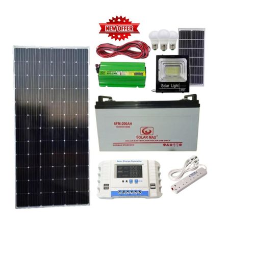 300Watts Solar panel all weather +200ah solar battery +600Watts solar power imnverter +30ah solar charge controller +3 Dc bulb +Extension +5m red,5m black cable+Free 100 Watts solar floodlight