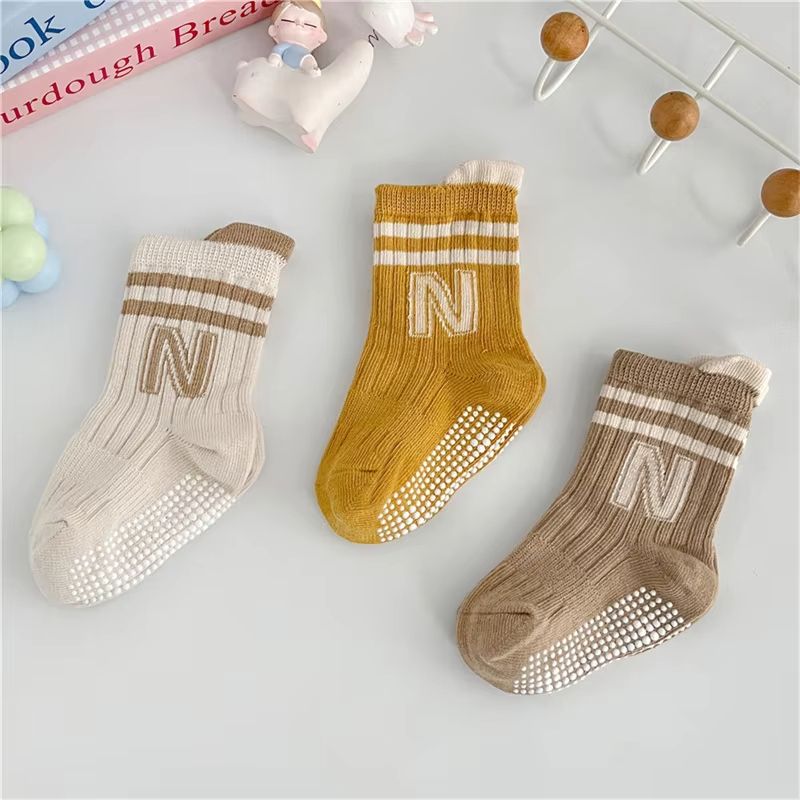 3Pairs/Lot Baby Letter Non-slip Socks Soft Cotton Short Kids Sock Infant Toddler Boys Girls Cute Stripe Socken For 0-5Years