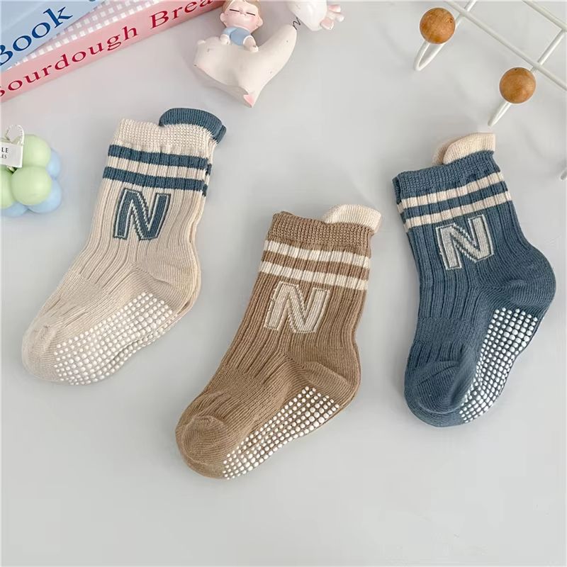 3Pairs/Lot Baby Letter Non-slip Socks Soft Cotton Short Kids Sock Infant Toddler Boys Girls Cute Stripe Socken For 0-5Years