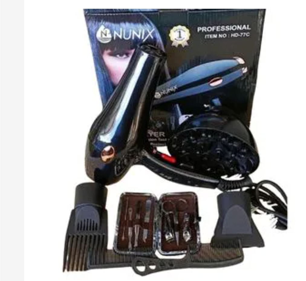 Nunix Nunix Salon Hair Blow Dryer With Beauty Accessories- Black.2200W-Professional AC motor system Ultra thin concentrator Auto power-off overheating CE approved