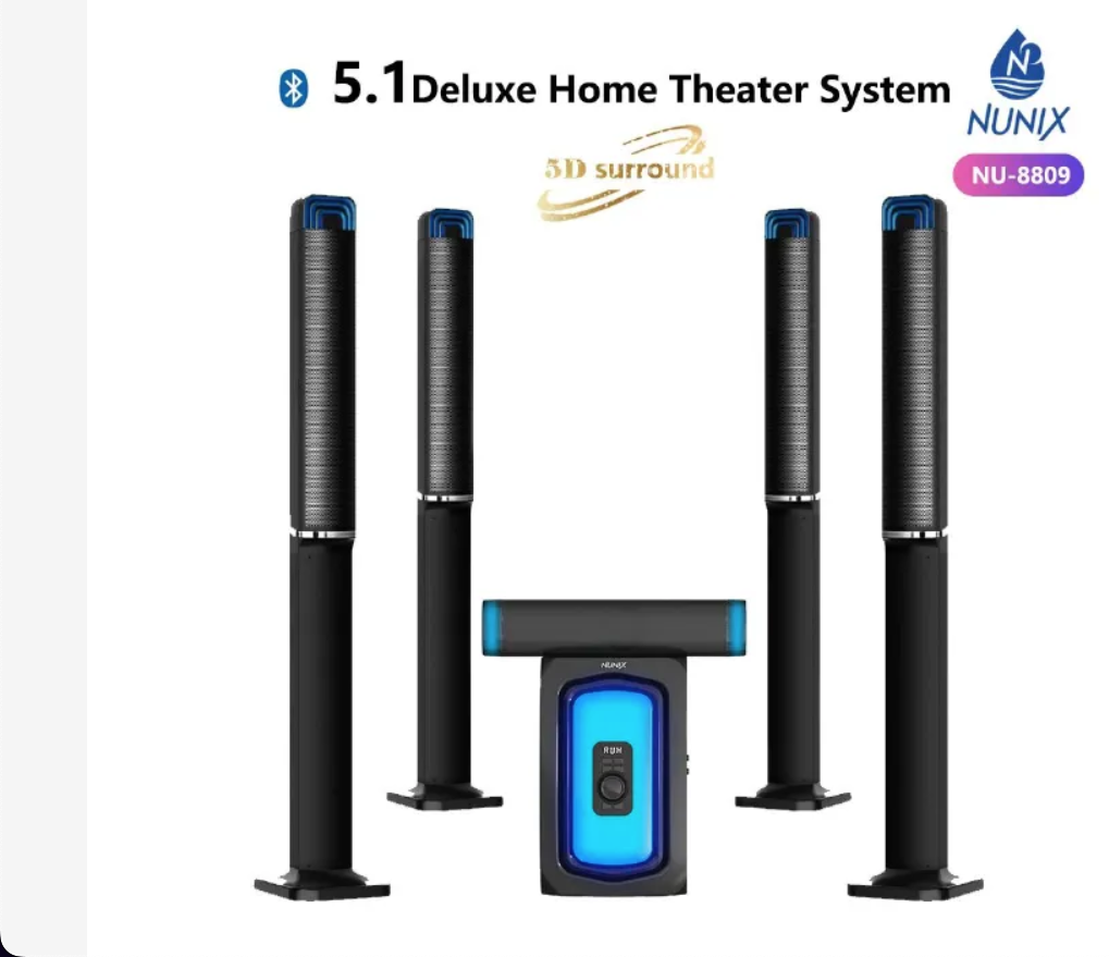 🎶🔥Nunix NU-8809 5.1-Channel Deluxe Home Theater System 🎧🎬 | Super Music System with Powerful Subwoofer 🔊 | Tower Speakers Design 🗼 | Bluetooth TALLBOYS Audio 📶 | USB, AUX & FM Support 🔌📻 | 5D