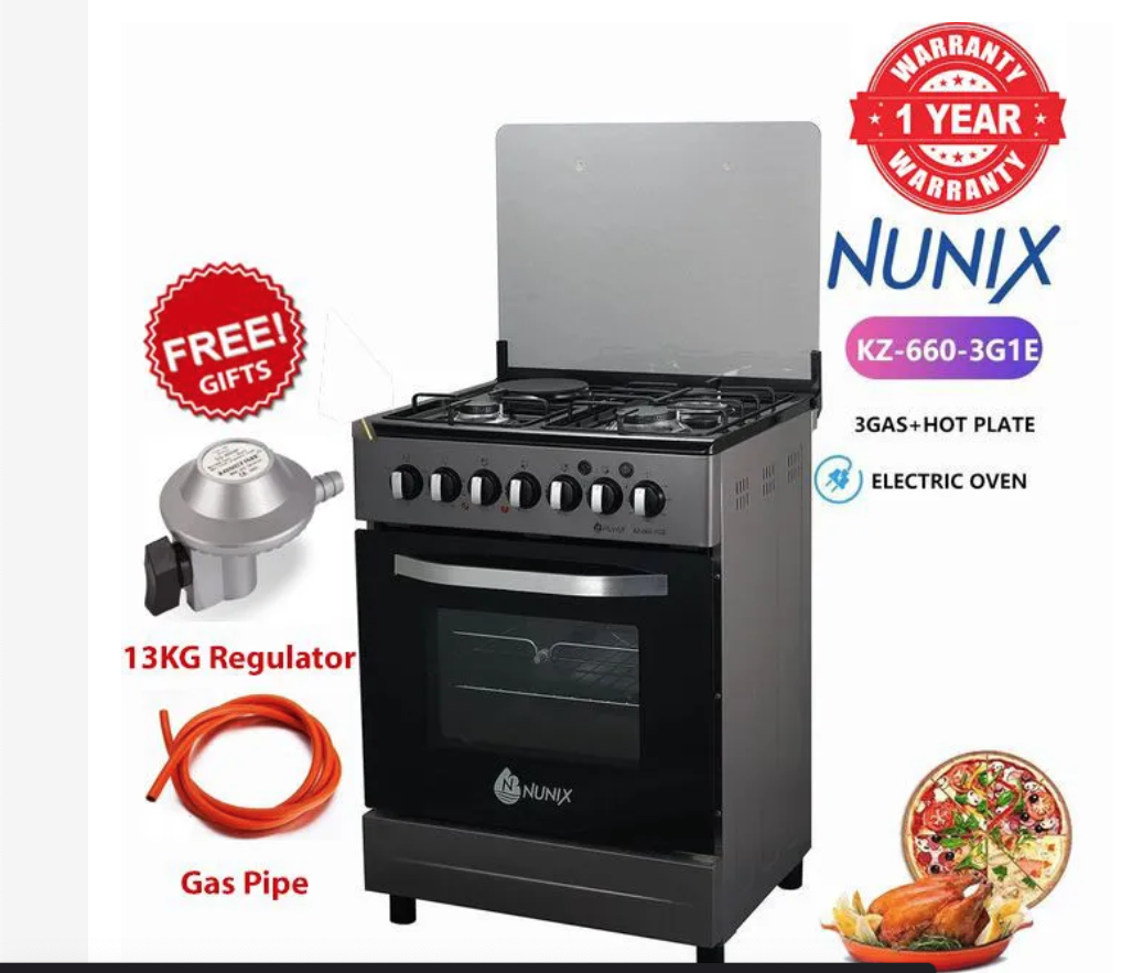 Nunix Free Standing 3 Gas Cooker,60*60 +1 Hotplate With Electric Oven Cooker+FREE GIFT