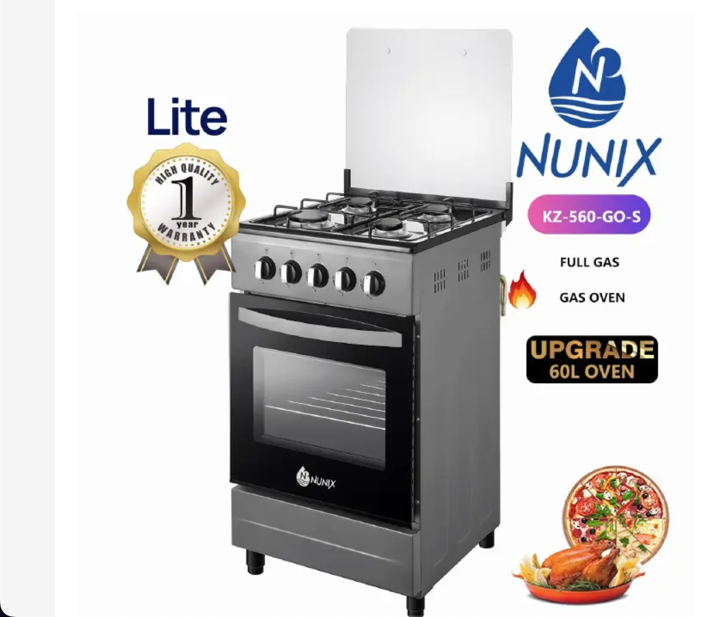 Nunix KZ-560-GO-S Free Standing 4 Gas Burners Oven Cooker Gas Cooker 1.5 M Hose Pipe +6KG Regulator+2 pcs Gas Tighteners