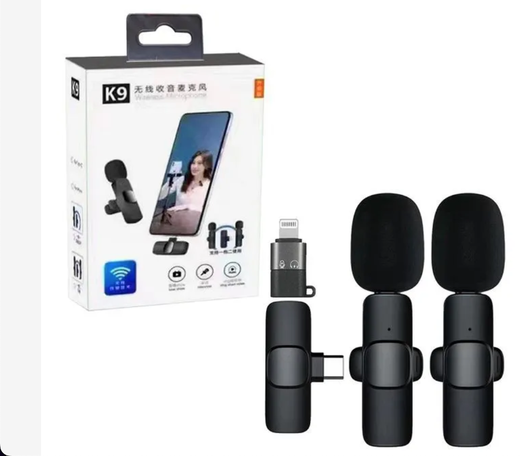 K9 Dual Wireless Lavalier Microphone System with Noise Cancellation – Plug & Play for iPhone/iPad (Lightning) & Android (Type-C) – 50ft Range, 6H Battery