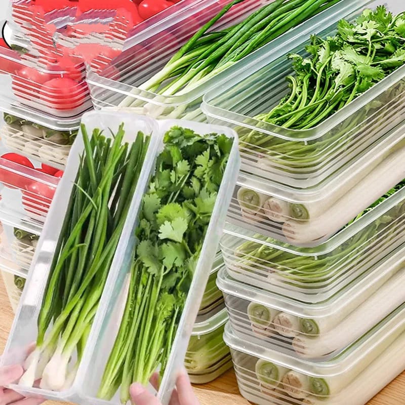 2pcs Fridge Organizer Storage Box with Removable Drain Plate, Lids, Stackable Organizer, Fridge Storage Box Keep Fruits, Vegetables Fresher,