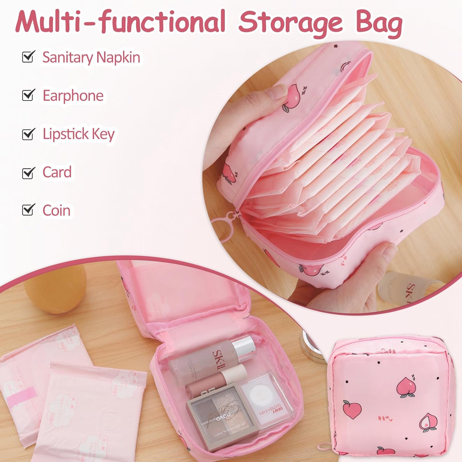 Sanitary Pad Pouch for Travel, Waterproof Small Napkin Pouches for Women and Girls, Multi-Functional Storage for Sanitary Pads, Earphones, and Jewelry