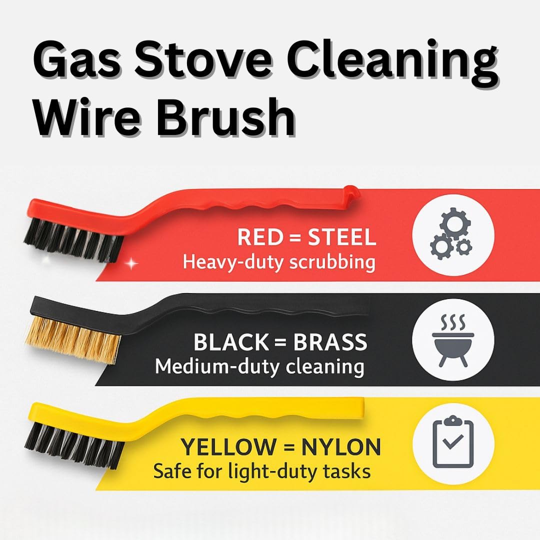 Gas Stove Cleaning Wire Metal Brush for Cleaning, Brass Rust & Paint Removal Metal Scrubbing Polishing Brush, Kitchen Tools Cleaner Tools - (Pack of 1 Contains 3 Pieces of Set)