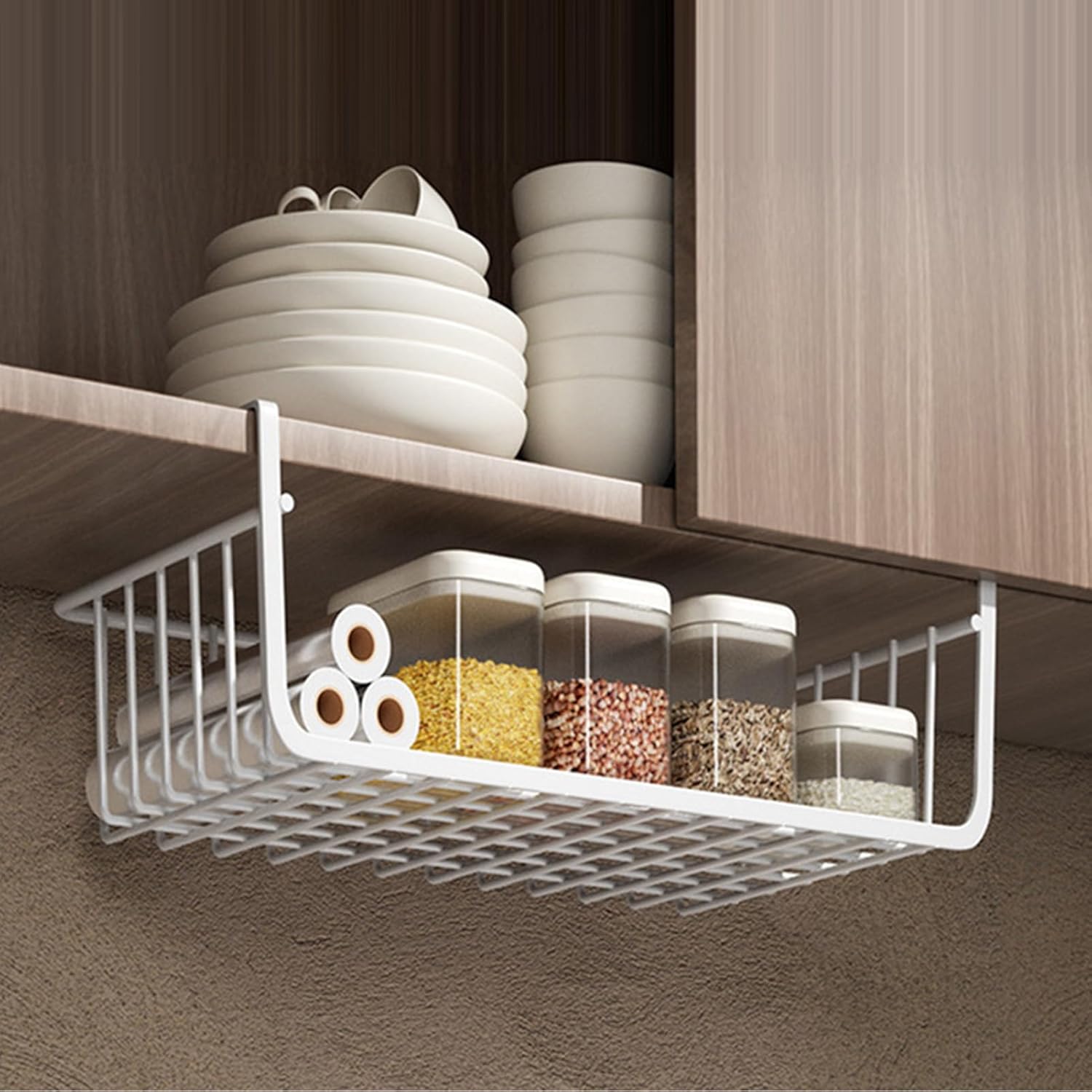Metal Under Shelf Storage Basket, Hanging Wire Basket for Kitchen Pantry Desk Bookshelf, Easy to Use (Large Size White)