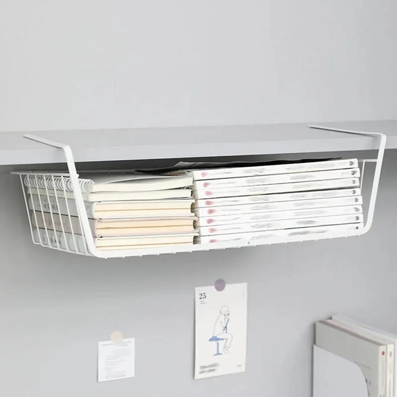 Metal Under Shelf Storage Basket, Hanging Wire Basket for Kitchen Pantry Desk Bookshelf, Easy to Use (Large Size White)