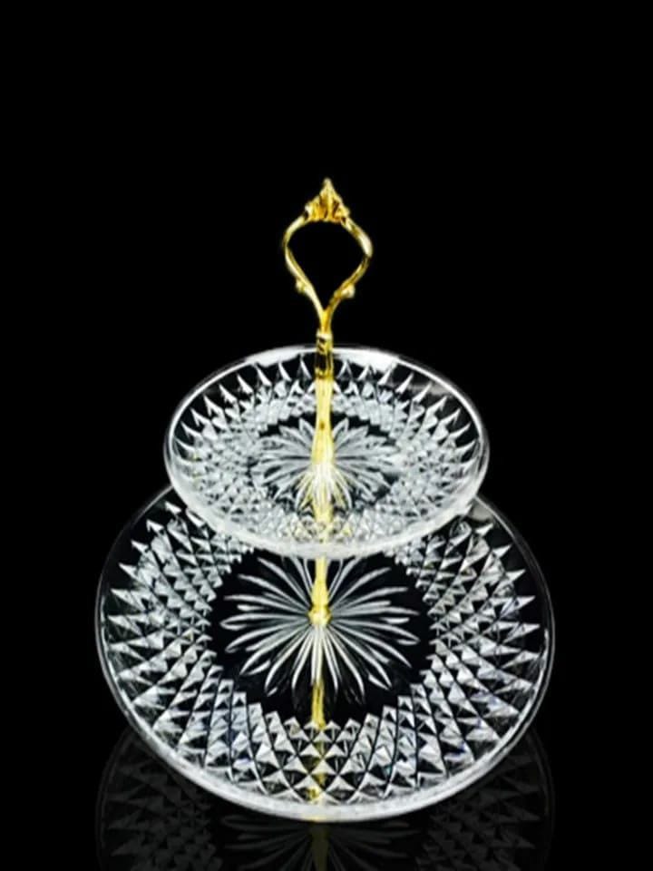 Clear Cake and Dessert Serving Stand - Elegant 2 Tier Serving Tray with Gold Metal Stand - Luxury and Durable Design for High-End Hospitality Enthusiasts