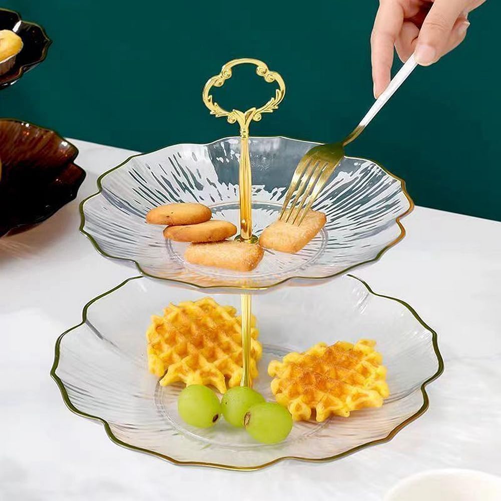 Clear Cake and Dessert Serving Stand - Elegant 2 Tier Serving Tray with Gold Metal Stand - Luxury and Durable Design for High-End Hospitality Enthusiasts