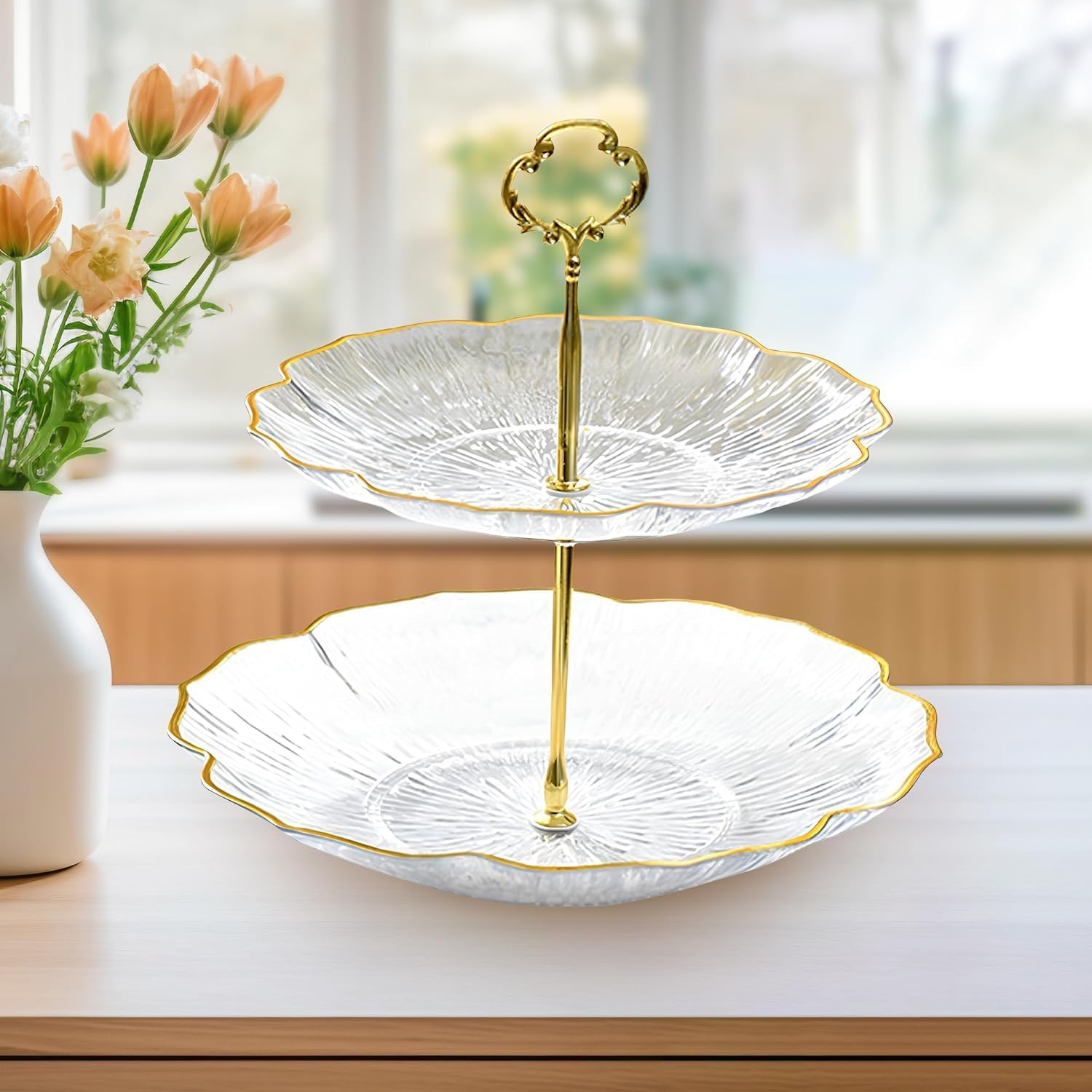 Clear Cake and Dessert Serving Stand - Elegant 2 Tier Serving Tray with Gold Metal Stand - Luxury and Durable Design for High-End Hospitality Enthusiasts