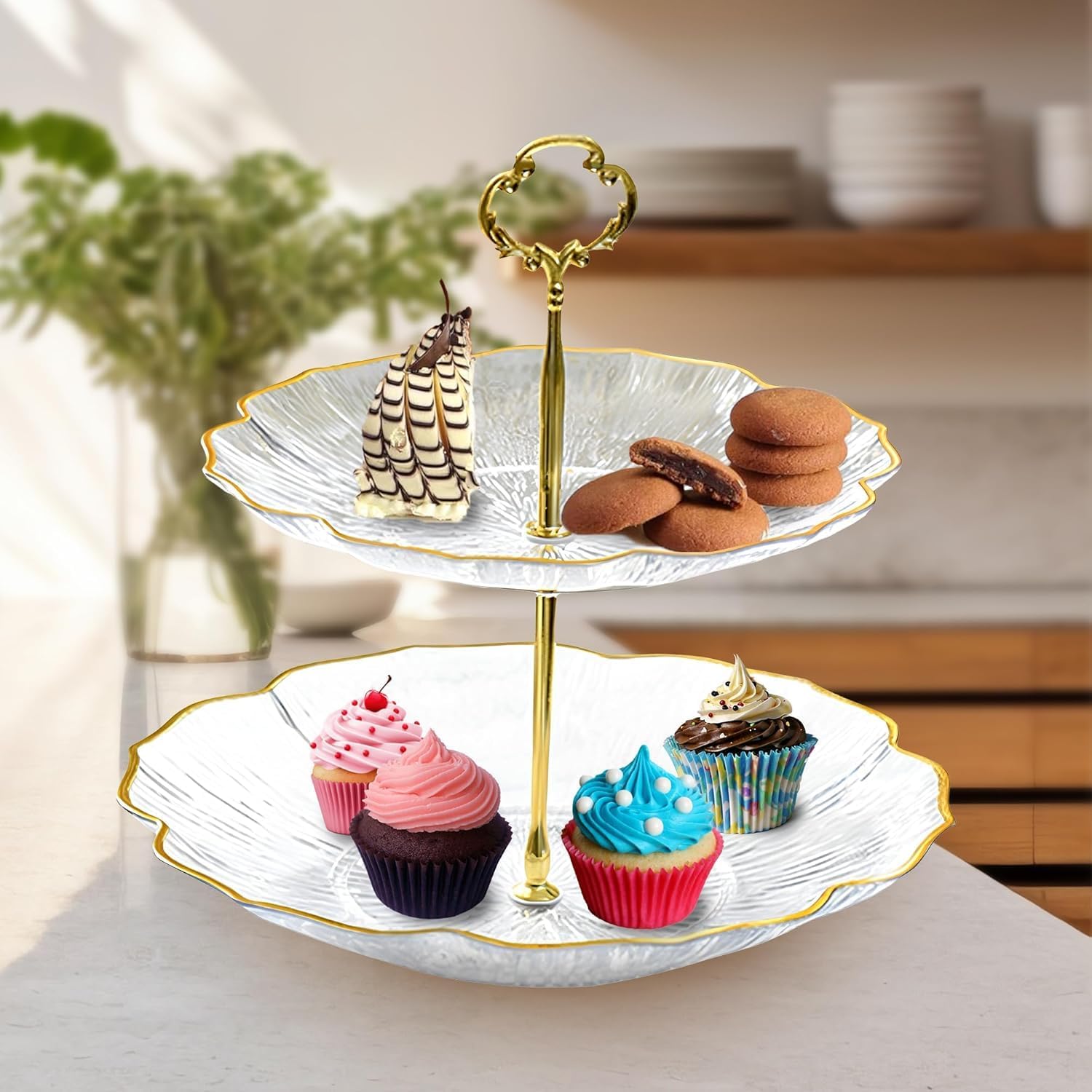 Clear Cake and Dessert Serving Stand - Elegant 2 Tier Serving Tray with Gold Metal Stand - Luxury and Durable Design for High-End Hospitality Enthusiasts