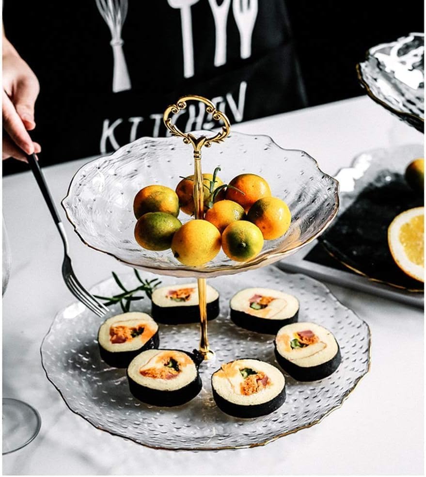 Clear Cake and Dessert Serving Stand - Elegant 2 Tier Serving Tray with Gold Metal Stand - Luxury and Durable Design for High-End Hospitality Enthusiasts