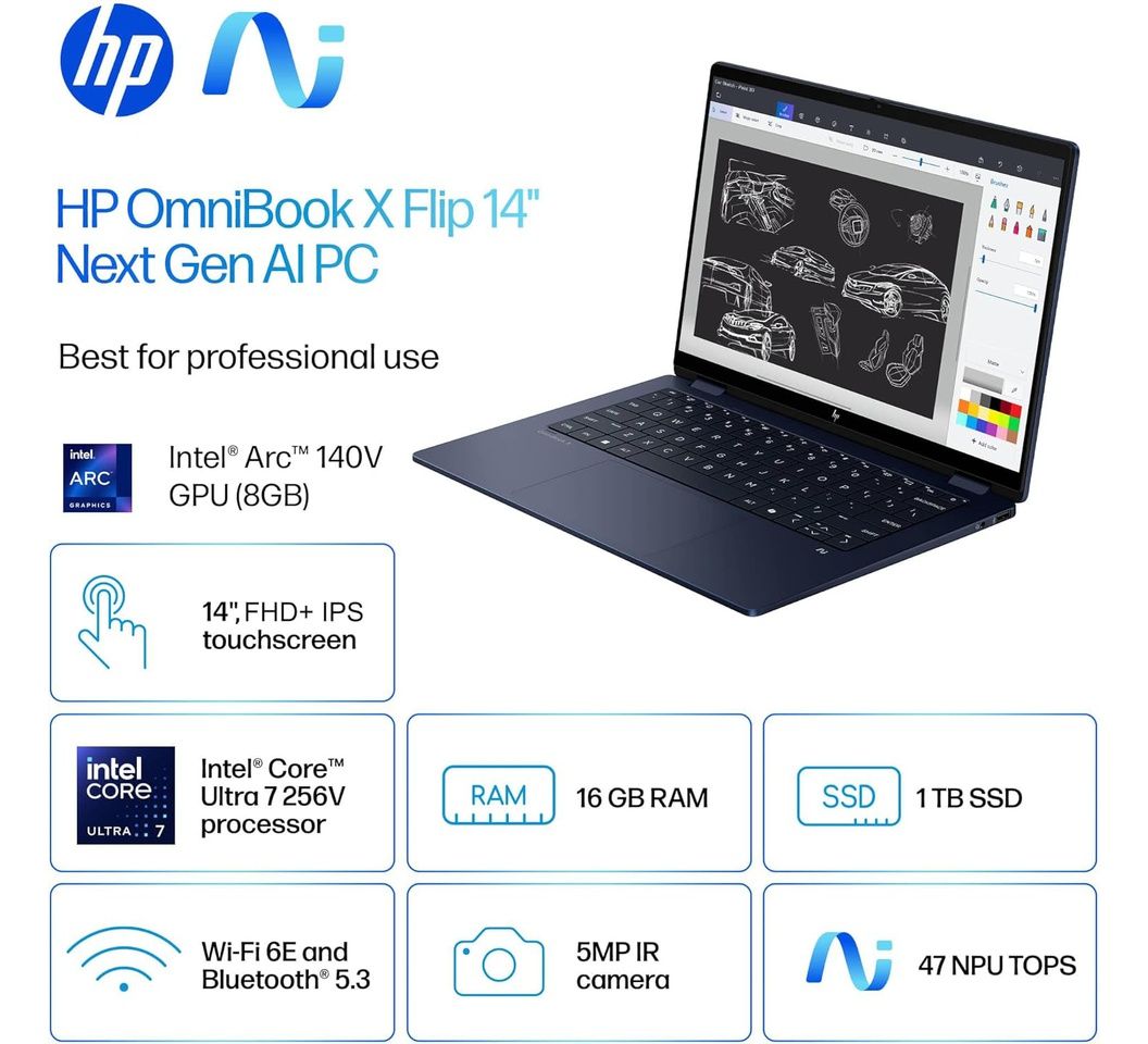 { New Arrivals} Brand New 2025 HP OmniBook X Flip 14 x360 2-in-1 Touchscreen Laptop Intel Core Ultra 7 265V 16GB RAM 1TB SSD 256V 14" FHD+ 5MP IR Webcam, Win 11 Pro Brand New Laptop