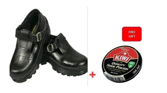 GOOD QUALITY GIRLS BLACK BACK TO SCHOOL LEATHER SHOES, TOUGHEES BATA + FREE SHOE POLISH