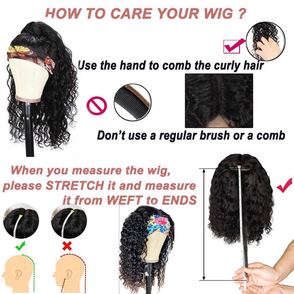 Water Wave Headband Wig Semi- Human Hair 150% Density Afro Wigs for Black Women Natural Curls 10A Glueless Human Hair Wigs Synthetic Extensions