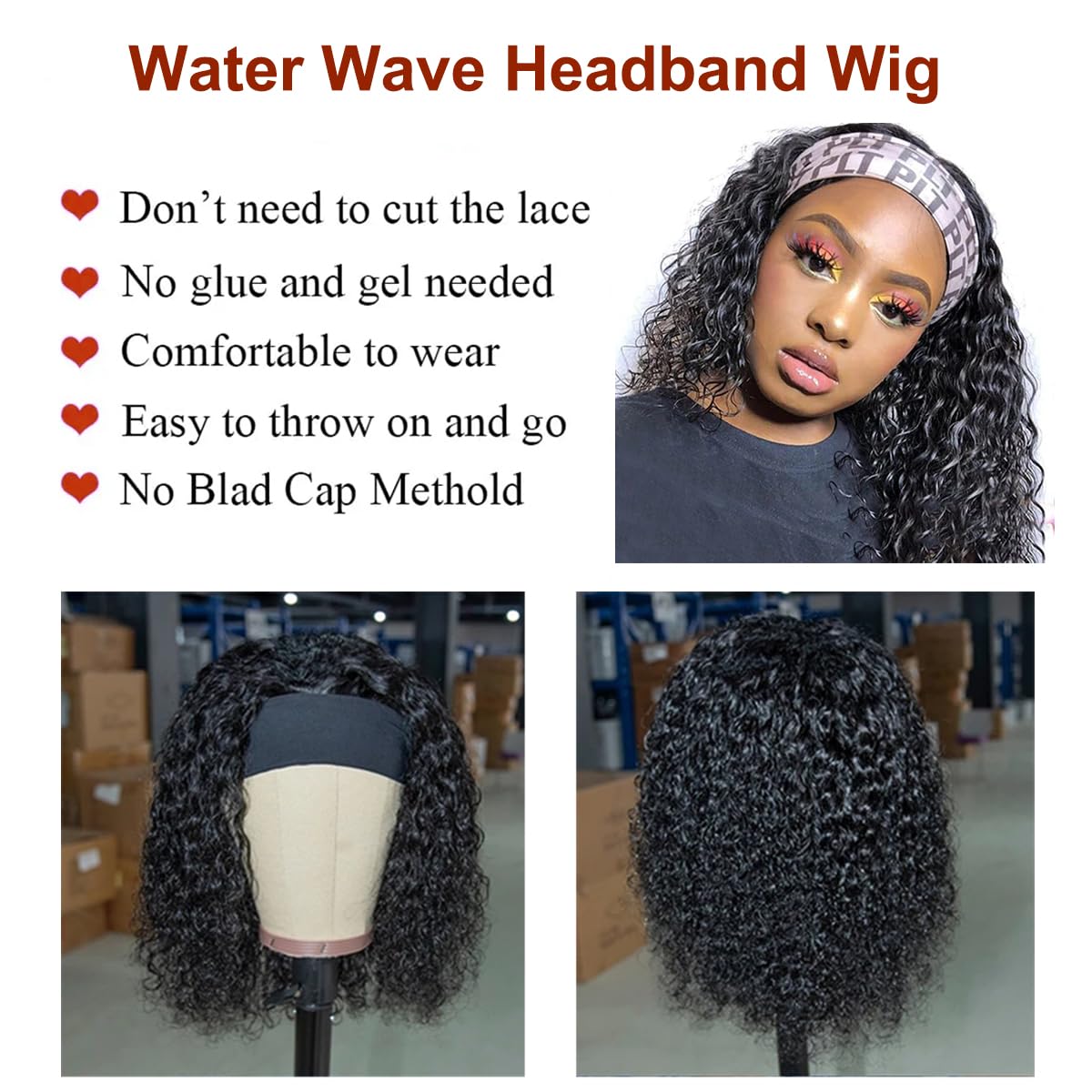 Water Wave Headband Wig Semi- Human Hair 150% Density Afro Wigs for Black Women Natural Curls 10A Glueless Human Hair Wigs Synthetic Extensions