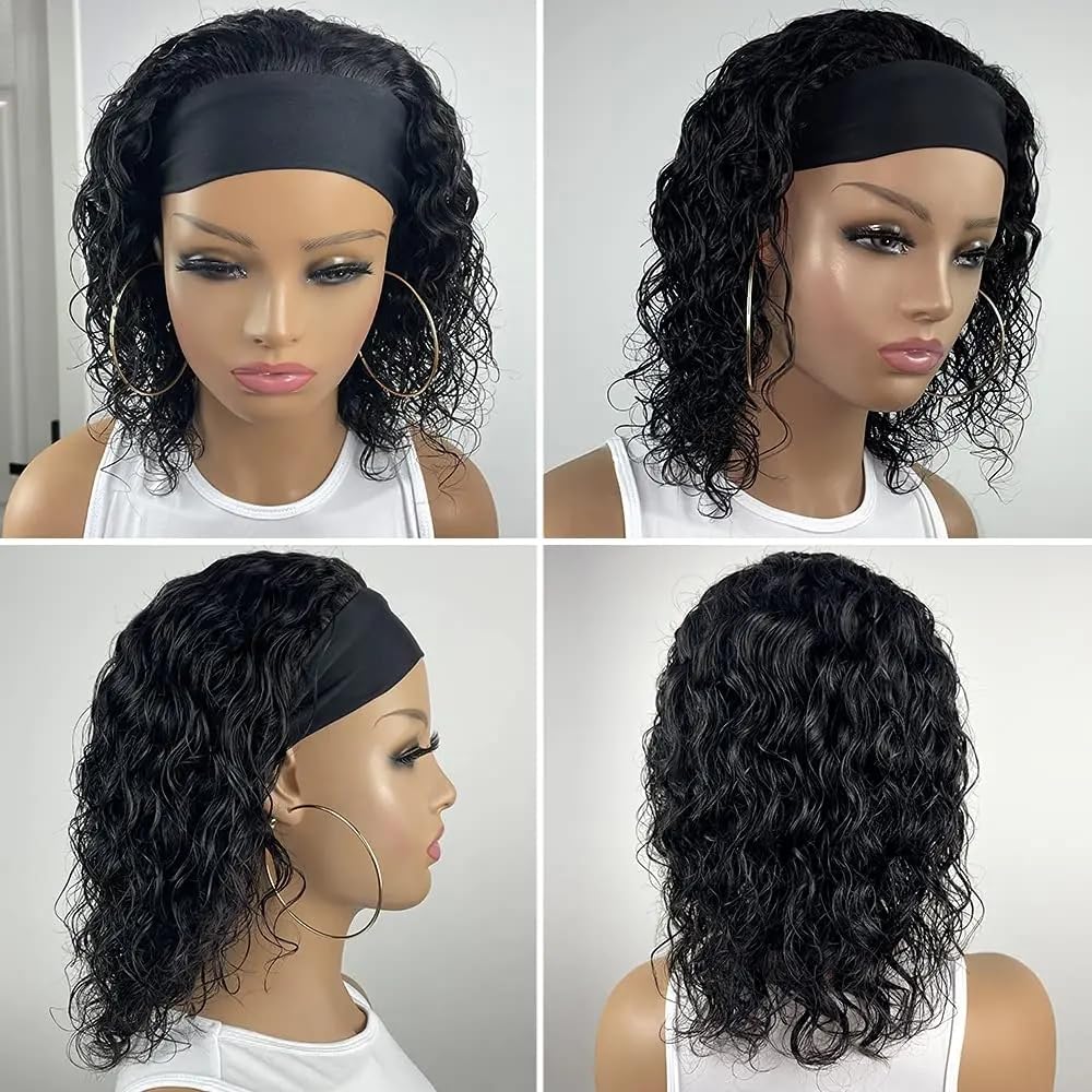 Water Wave Headband Wig Semi- Human Hair 150% Density Afro Wigs for Black Women Natural Curls 10A Glueless Human Hair Wigs Synthetic Extensions