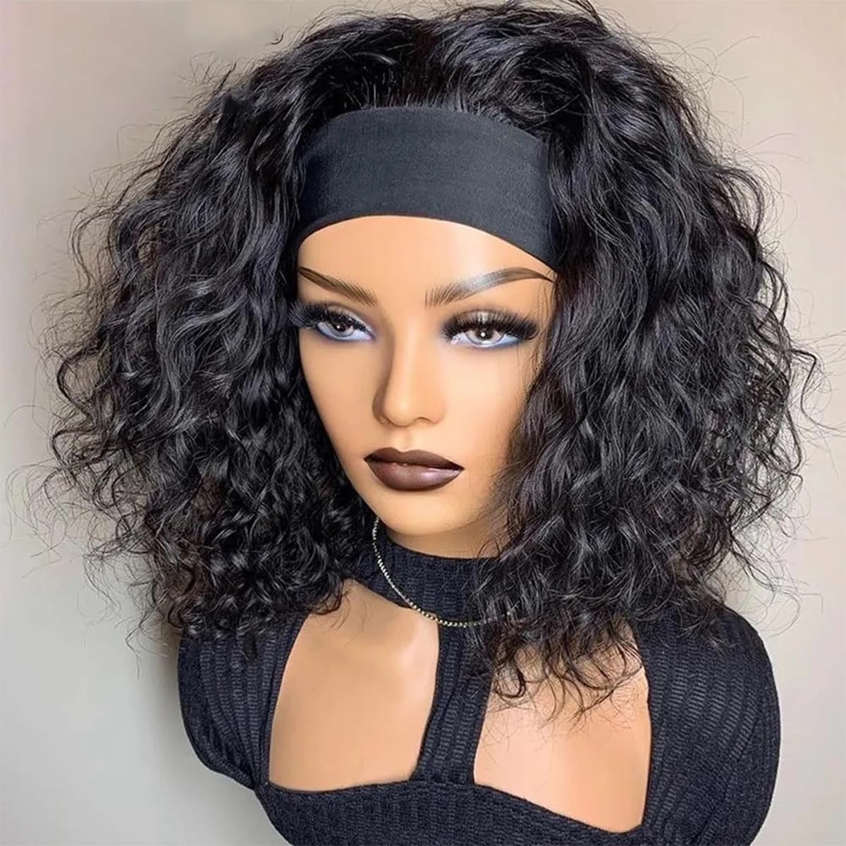 Water Wave Headband Wig Semi- Human Hair 150% Density Afro Wigs for Black Women Natural Curls 10A Glueless Human Hair Wigs Synthetic Extensions