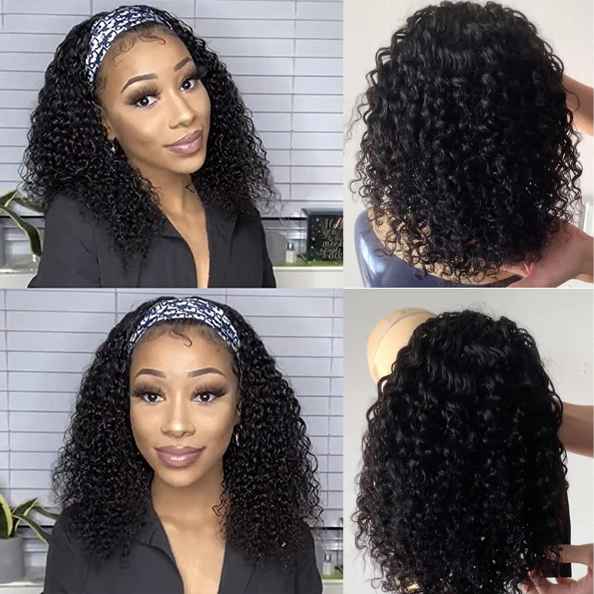 Water Wave Headband Wig Semi- Human Hair 150% Density Afro Wigs for Black Women Natural Curls 10A Glueless Human Hair Wigs Synthetic Extensions