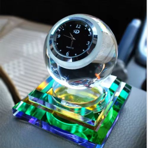 Elegant Crystal Globe Car Perfume Diffuser with Clock – High-Quality Liquid Glass Air Freshener for Vehicle Interior Decoration & Gift