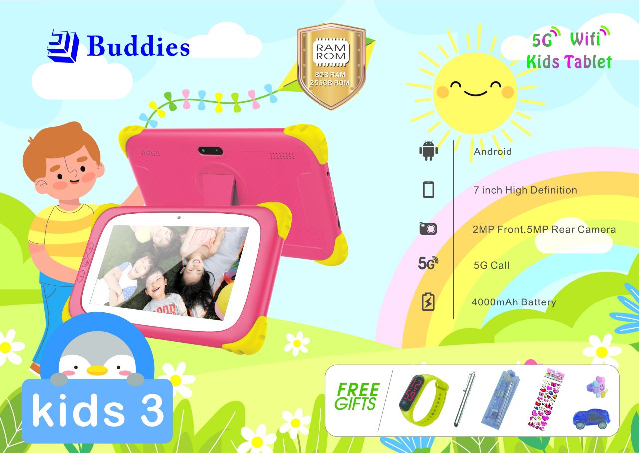 Eleven Buddies Tablets Buddies Kids 3 Tablet 7-Inch 8GB RAM + 256GB ROM, 5G SIM + Memory Card, WiFi, Educational & School Learning Tablet, Android 13, Silicone Case