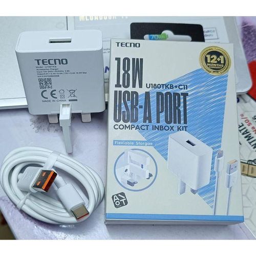 Tecno Original U180TKB+C11 2x Faster, 18W Fast Charger & Type-C Cable
