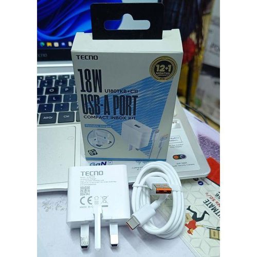 Tecno Original U180TKB+C11 2x Faster, 18W Fast Charger & Type-C Cable