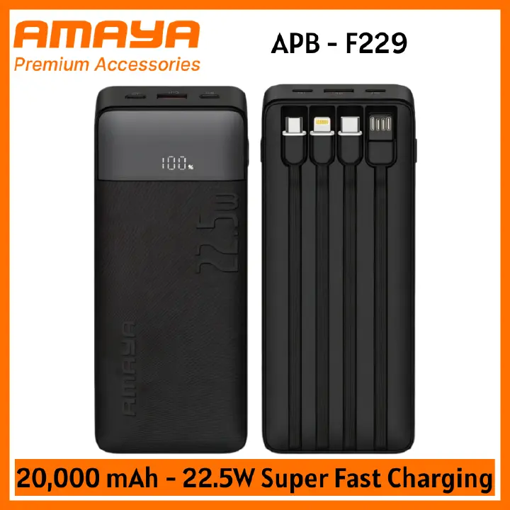 Amaya 20000 Power Bank APB-F229 22.5W Super Fast Charging 20000mAh with 4 Built-in Cables Type C Lightning Micro USB Rechargeable Portable Charger Digital LED Display Anti-Scratch Powerbank