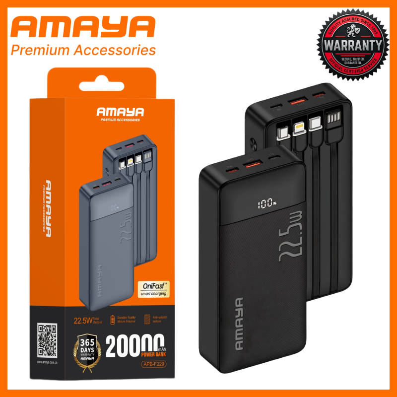 Amaya 20000 Power Bank APB-F229 22.5W Super Fast Charging 20000mAh with 4 Built-in Cables Type C Lightning Micro USB Rechargeable Portable Charger Digital LED Display Anti-Scratch Powerbank
