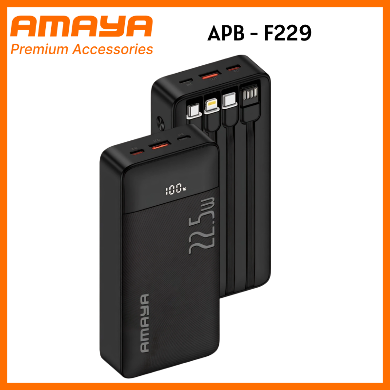 Amaya 20000 Power Bank APB-F229 22.5W Super Fast Charging 20000mAh with 4 Built-in Cables Type C Lightning Micro USB Rechargeable Portable Charger Digital LED Display Anti-Scratch Powerbank