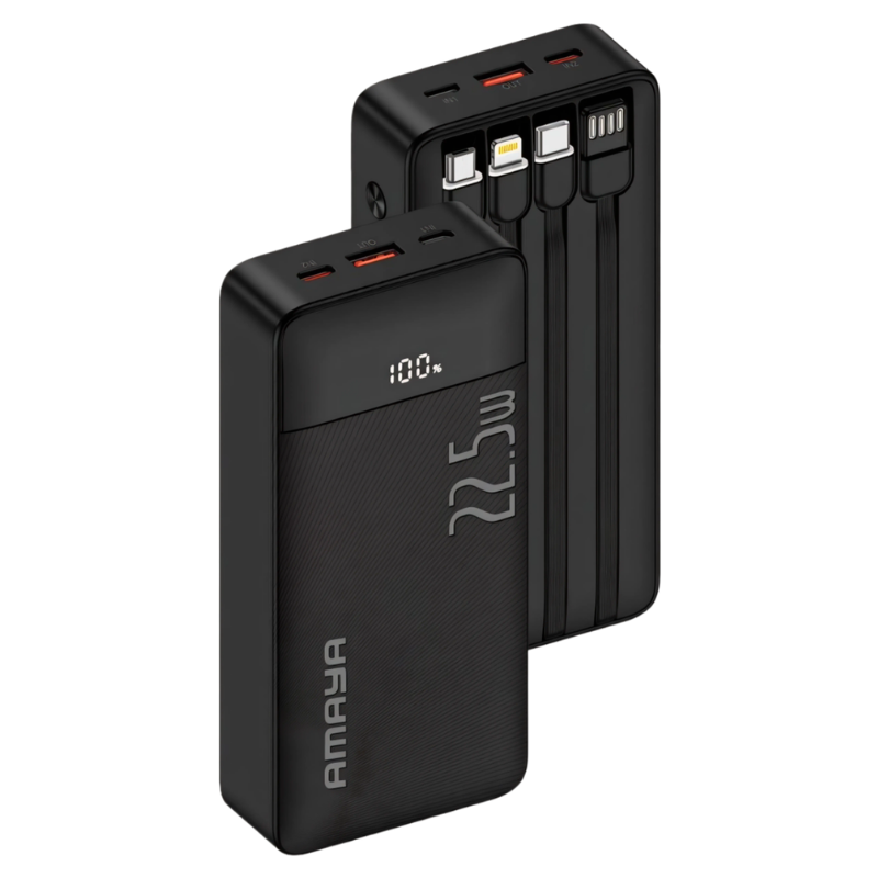Amaya 20000 Power Bank APB-F229 22.5W Super Fast Charging 20000mAh with 4 Built-in Cables Type C Lightning Micro USB Rechargeable Portable Charger Digital LED Display Anti-Scratch Powerbank