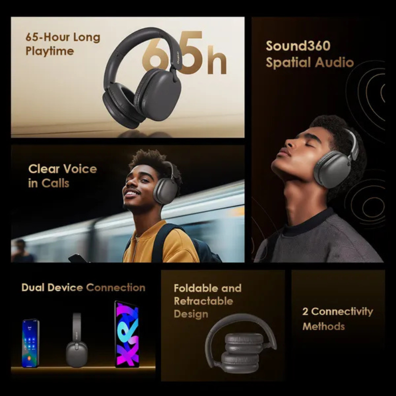 Oraimo BoomPop Lite Over-Ear Wireless Bluetooth Headphones ENC 65H Playtime Sound360 Spatial Audio Noise Cancelling Dual Connectivity Low Latency Gaming Foldable 40mm Drivers Type-C Charge Head Phones