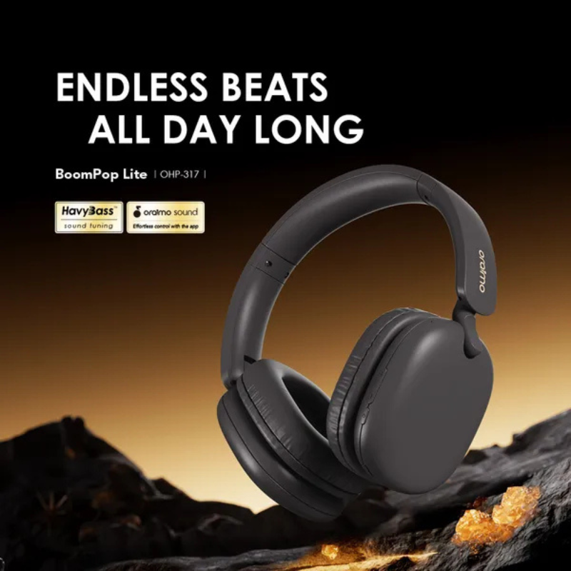 Oraimo BoomPop Lite Over-Ear Wireless Bluetooth Headphones ENC 65H Playtime Sound360 Spatial Audio Noise Cancelling Dual Connectivity Low Latency Gaming Foldable 40mm Drivers Type-C Charge Head Phones