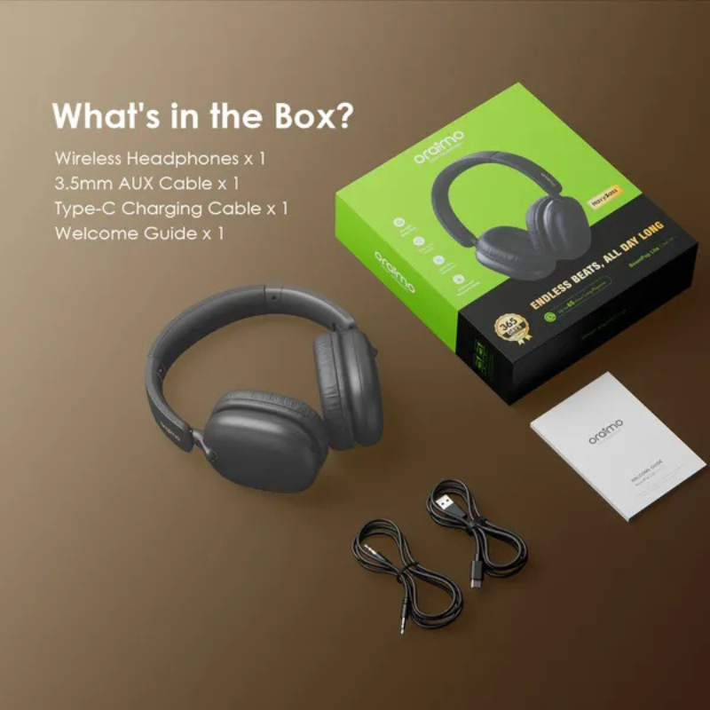 Oraimo BoomPop Lite Over-Ear Wireless Bluetooth Headphones ENC 65H Playtime Sound360 Spatial Audio Noise Cancelling Dual Connectivity Low Latency Gaming Foldable 40mm Drivers Type-C Charge Head Phones