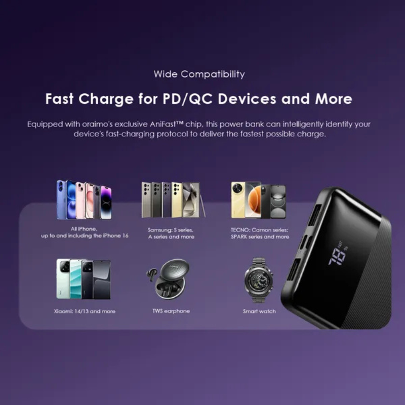 Oraimo Traveller Power Bank 30000mAh 27000mAh 20000mAh 10000mAh 12W Smart Fast Charging Slim Portable Power Bank type C Charging universal Compatibility Powerbank with overcharge protection