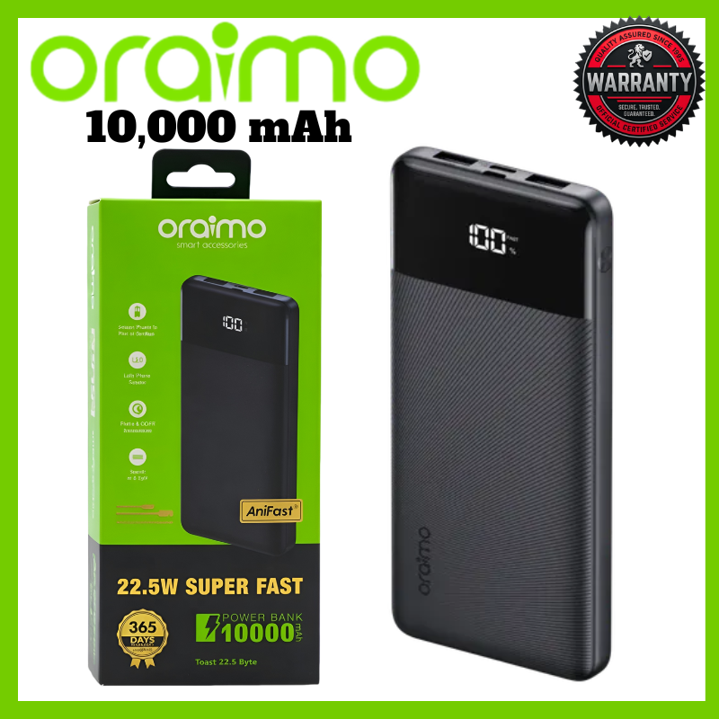 Oraimo Traveller Power Bank 30000mAh 27000mAh 20000mAh 10000mAh 12W Smart Fast Charging Slim Portable Power Bank type C Charging universal Compatibility Powerbank with overcharge protection