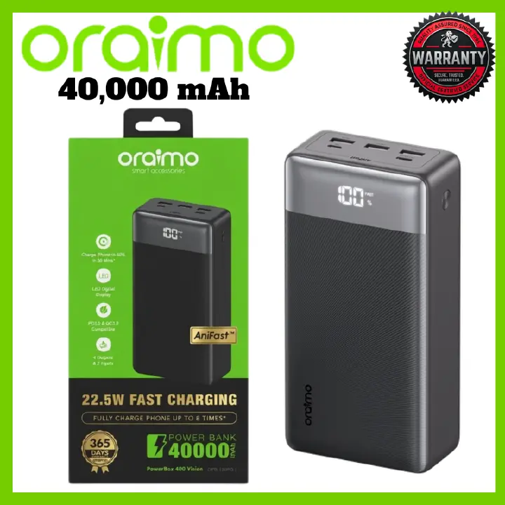 Oraimo PowerBox 400 Vision 40000mAh Power Bank Fast Charging 22.5W Powerbank - AniFast LED Display 4 Outputs 40000 mAh Power Bank for Smartphones Laptops Smartwatch Meta Glasses