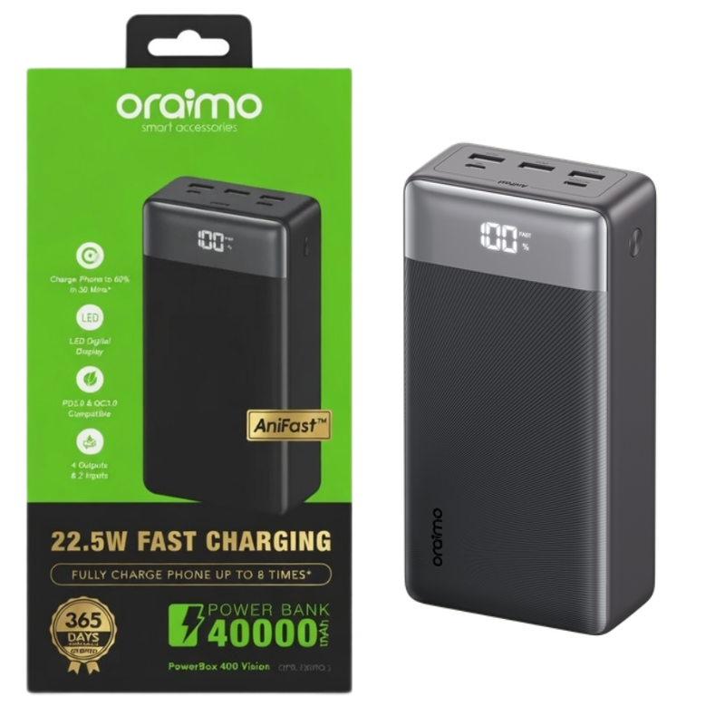 Oraimo PowerBox 400 Vision 40000mAh Power Bank Fast Charging 22.5W Powerbank - AniFast LED Display 4 Outputs 40000 mAh Power Bank for Smartphones Laptops Smartwatch Meta Glasses