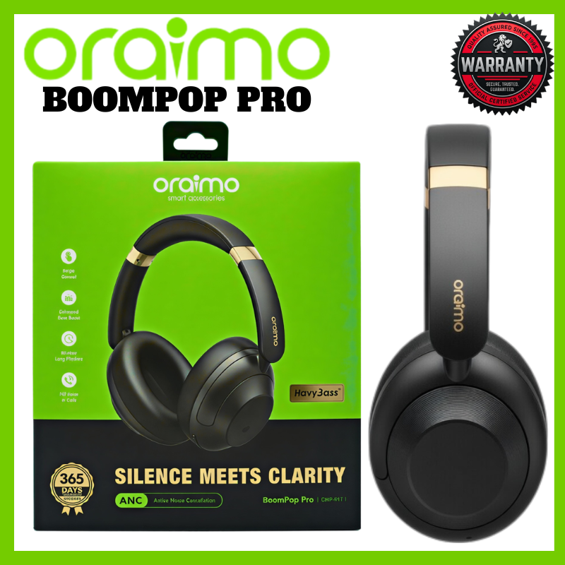 Oraimo BoomPop Pro Headphones Hybrid ANC Bluetooth Wireless Deep Bass 82 Hours Battery Dual Multipoint Touch Swipe ENC Calls Compatible with Smart Phones Laptops and Earbuds for Gaming Travel Office