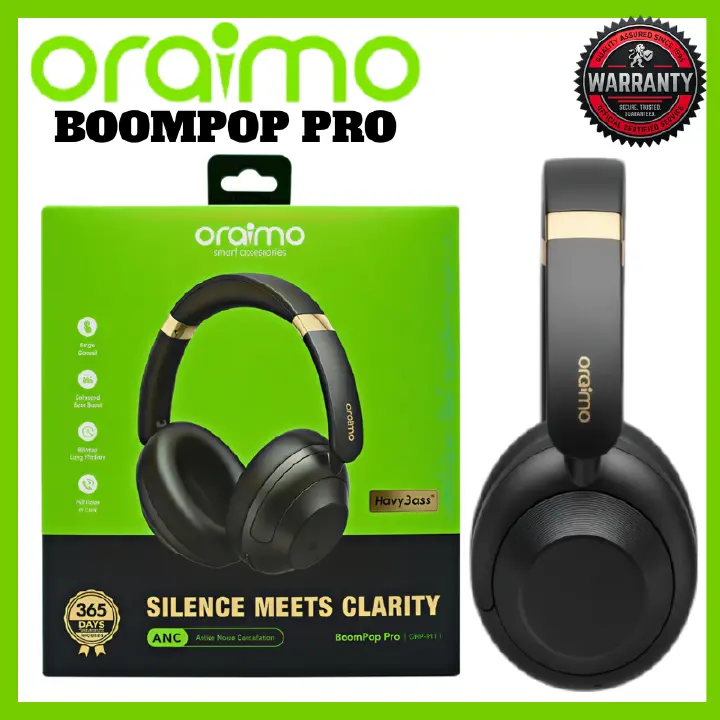 Oraimo BoomPop Pro Headphones Hybrid ANC Bluetooth Wireless Deep Bass 82 Hours Battery Dual Multipoint Touch Swipe ENC Calls Compatible with Smart Phones Laptops and Earbuds for Gaming Travel Office