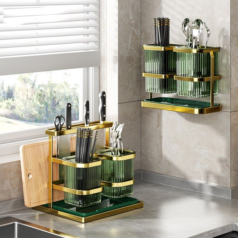 Multifunction Kitchen Knife Holder & Cutlery Organizer – Drainable Knife Storage Rack with Spoon, Fork & Utensil Holder, Space-Saving Countertop Organizer- Green