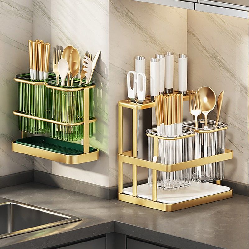 Multifunction Kitchen Knife Holder & Cutlery Organizer – Drainable Knife Storage Rack with Spoon, Fork & Utensil Holder, Space-Saving Countertop Organizer- Green