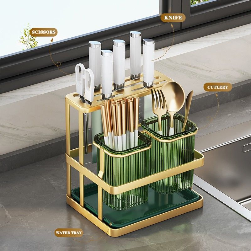 Multifunction Kitchen Knife Holder & Cutlery Organizer – Drainable Knife Storage Rack with Spoon, Fork & Utensil Holder, Space-Saving Countertop Organizer- Green