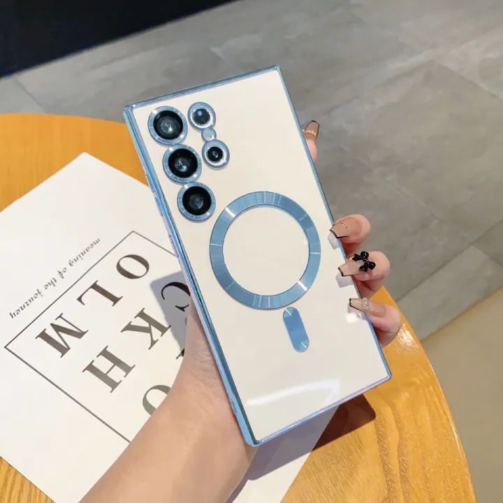 Luxury Magnetic Phone Case for Samsung Galaxy S22/S23/S24 Ultra 5G – Black & Light Blue, MagSafe Compatible, Wireless Charging, Shockproof Cover