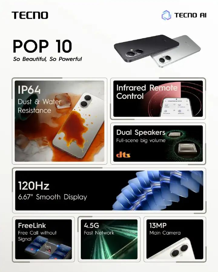 [NEW ARRIVAL]Tecno POP 10 6.6" 64GB Storage + 6GB(3+3Gb)RAM 120Hz Hole Screen Dual Speakers IP54 Waterproof - Android 15 13MP Camera Dual sim 5000mAh- Smartphones